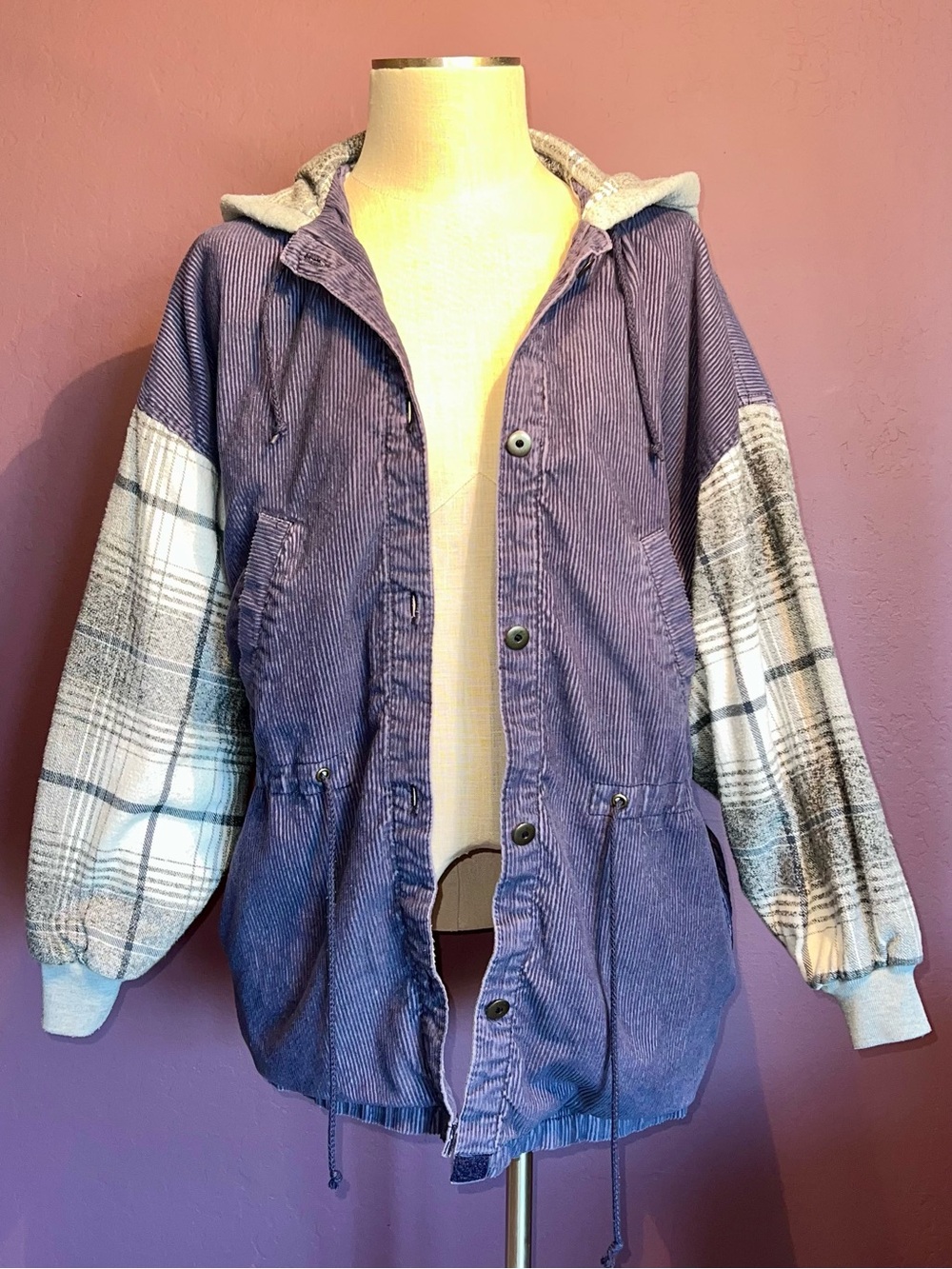 💙Braetan Blue Corduroy Utility Jacket with Plaid Sleeves • Vintage - Picture 2 of 6